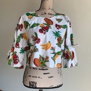 ZARA White Sequined Fruit Bell Sleeve Crop Top